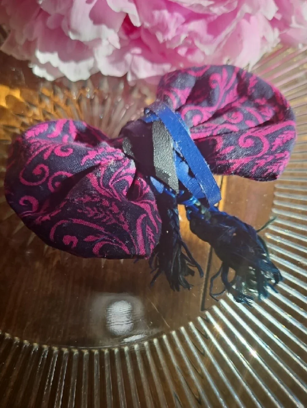Hand Crafted Dog Collar Bow Tie Paisley Navy&Pink Black Leather Hearts NEW